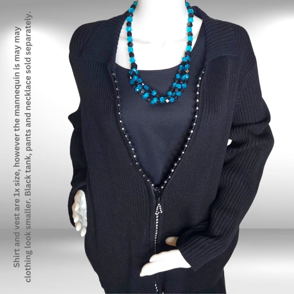 Quacker Factory Black Rhinestone-Zip Ribbed Cardigan in Size X Large